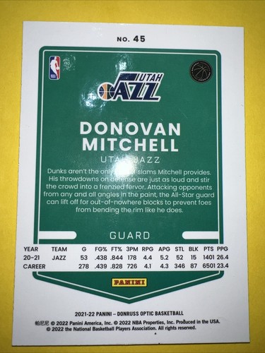 2021-22 Donruss Optic Donovan Mitchell Utah Jazz #45 - Picture 2 of 2