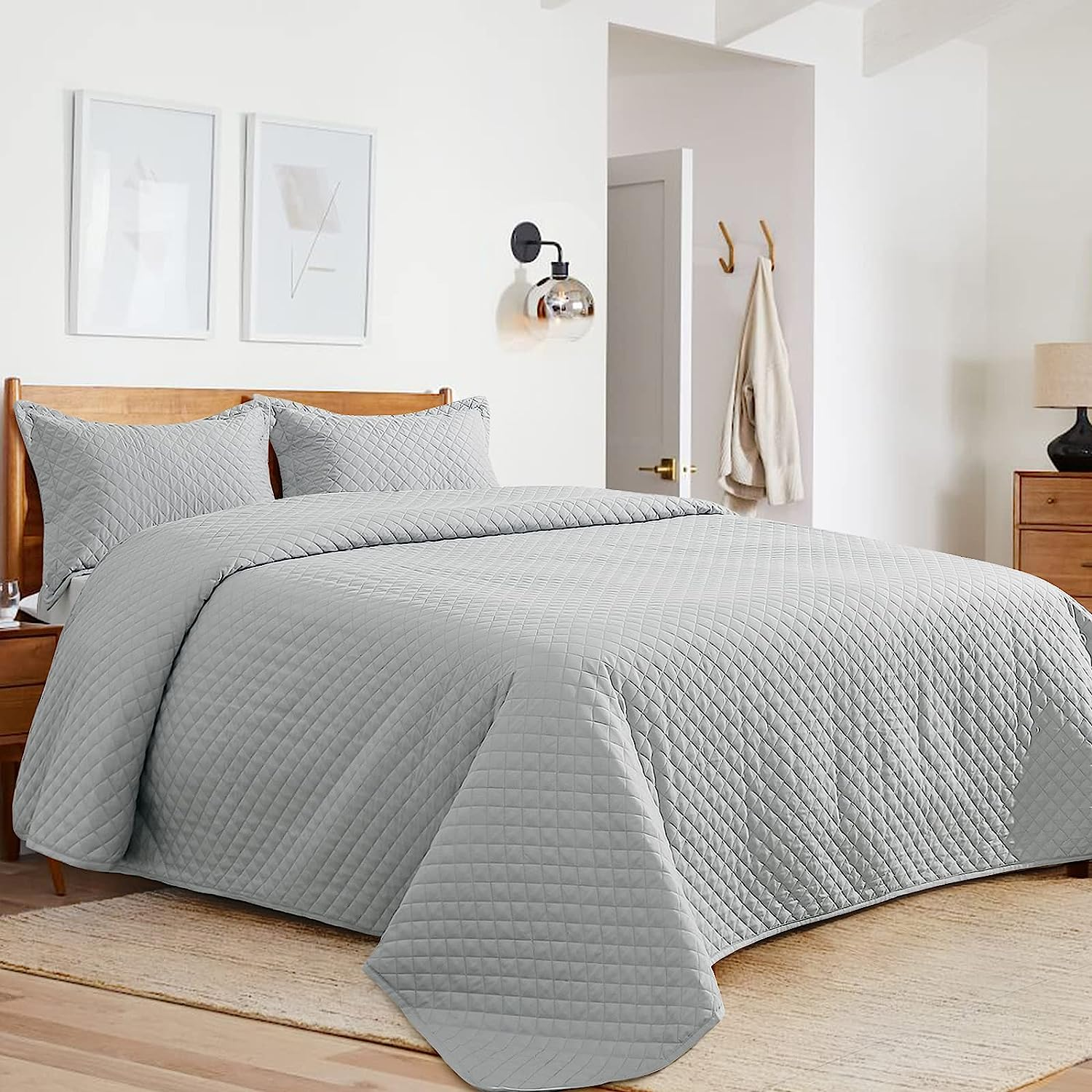 3 Piece Oversized King Quilt Set Bedspread Super King Plus(128X120) Light  Grey | eBay