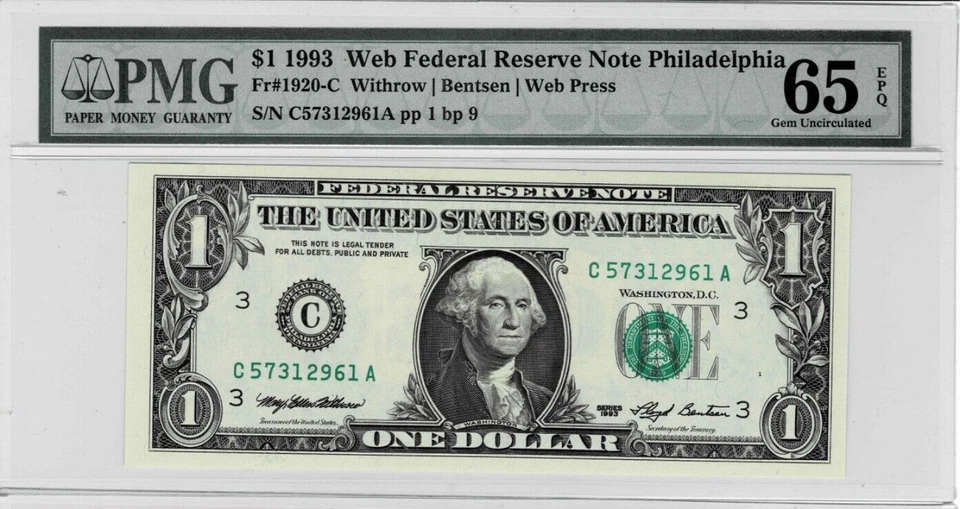 1993 $1 Federal Reserve 'WEB'Notes-PHILLY-(2 Consecutive) Run 9- 1/9-PMG 65 EPQ - Image 3 of 4