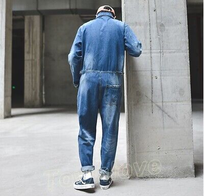 Men Denim Jumpsuit Detachable Jeans Overalls Casual Slim Rompers Cowboy  Trousers