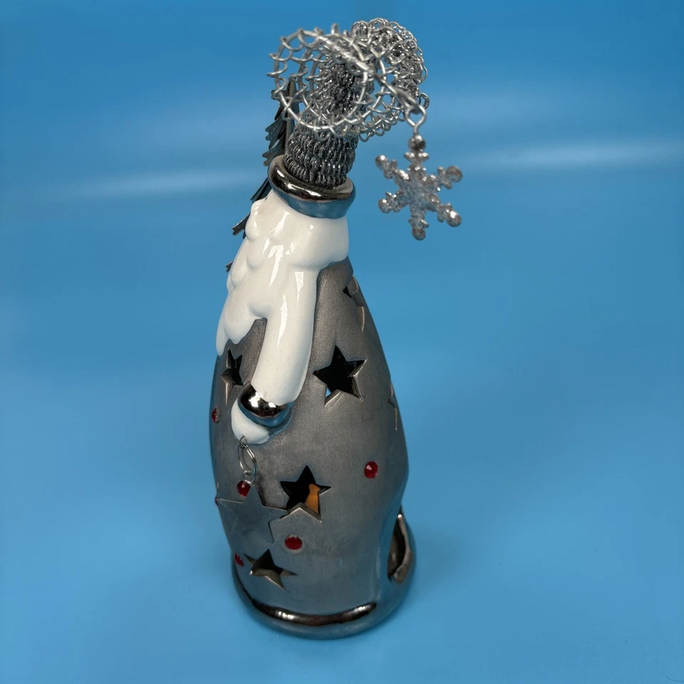 "Figura de Papá Noel de cerámica candelabro luz de té de Navidad 9"" de alto blanco y plateado" Foto 3 de 4
