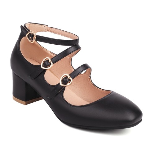 Women's Mid Block Heel Shoes Black/White Faux Leather Square Toe Mary Jane Pumps - Picture 6 of 39