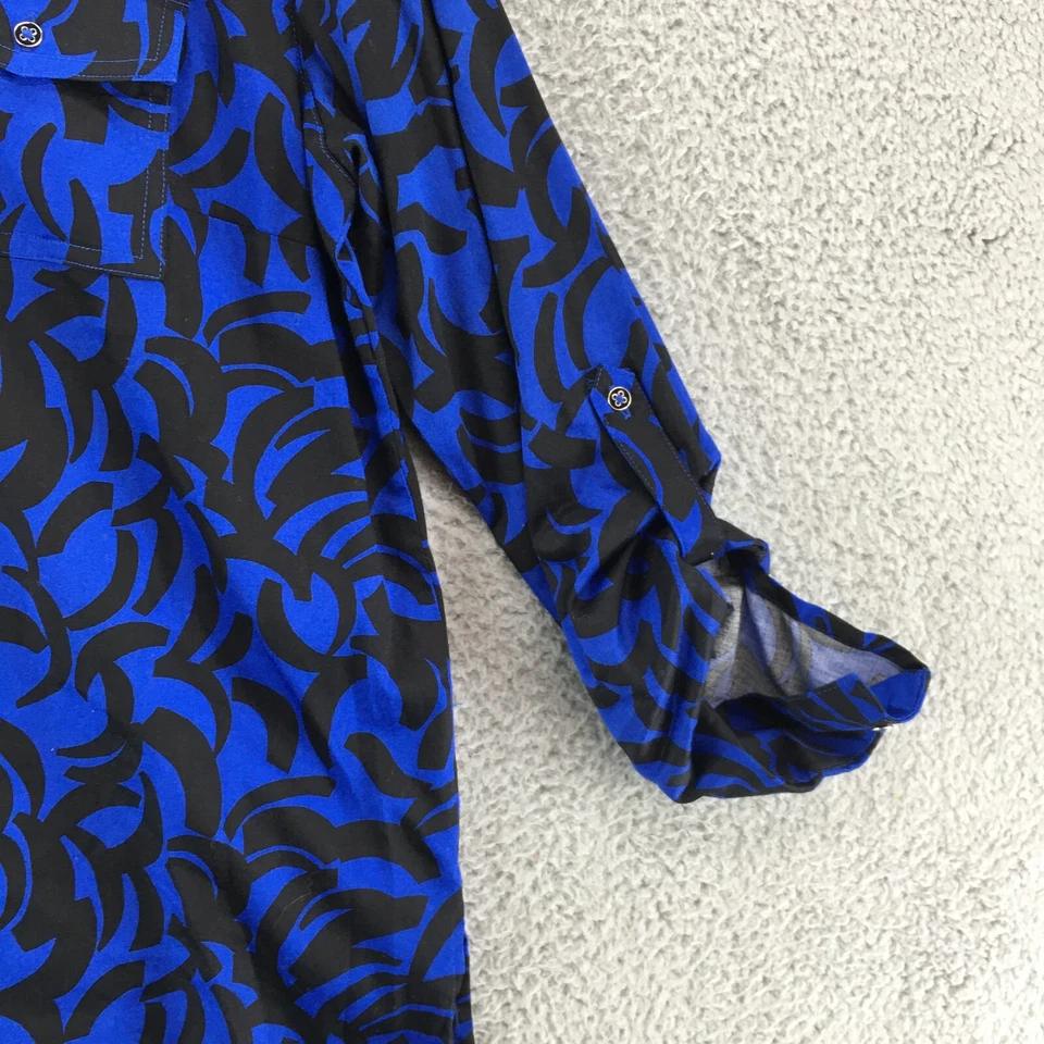 Dana Buchman Shirt Womens Medium Blue Black Print Roll Tab Sleeves Button Up - Image 3 of 4