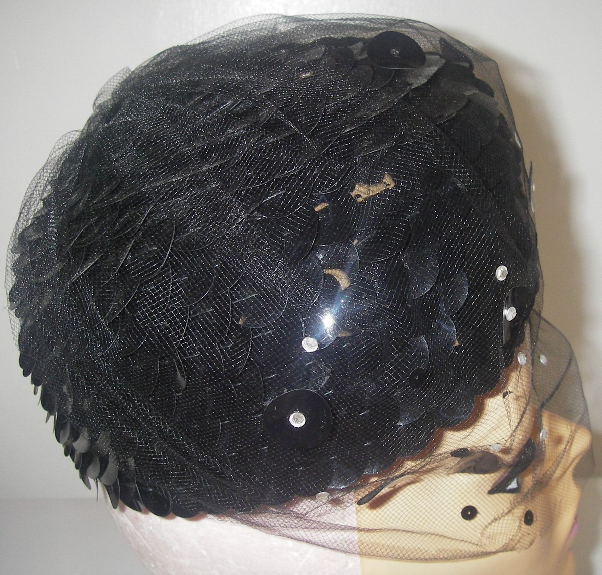 Vintage Black Pillbox Hat W/ Veil and Rhinestone Snowflake Brooch Union Made USA Vintage Black Pillbox Hat With Rhinestone Brooch & Signed  main image 3