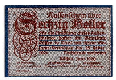 1920 Austria Kossen Notgeld 60 Heller Note (NG1272)