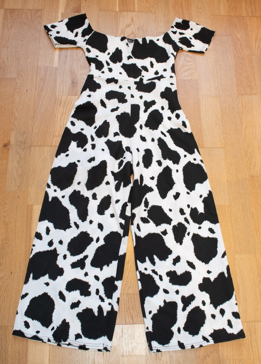 Black White Jumpsuit Cow Print Cropped Wide Leg Scuba Jump Play