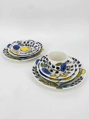 * ARABIA FINLAND PARTIISI GESCHIRR GEDECK TEE TASSE TELLER BLAU 7 TEILIG
