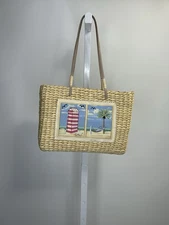 Sun N Sand Wicker Woven Handbag Pocketbook Sailboats Birds Coast.  4D