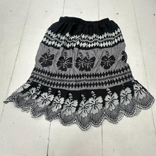 Black Grey Floral Print Embroidered Elastic Waist Short Midi Skirt Womens Size M