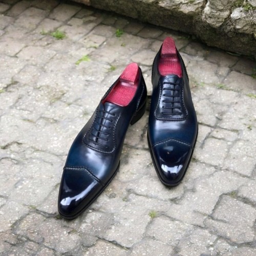 Handmade Men's Blue Leather Oxford Whole-Cut Lace Up Dress Casual Shoes Men - Picture 1 of 6