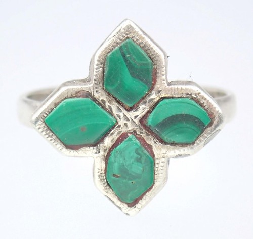 Pretty Vintage Art Deco Sterling Silver Green Malachite Leaves Floral Ring 9.25