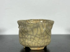 Preowned Japanese Tokoname Mame Round Bonsai Pot with Stamps - 1.75” By 1 3/8”