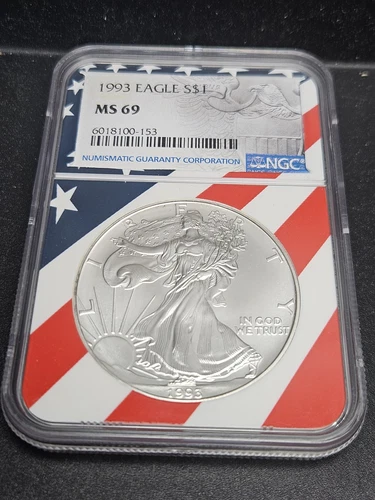 1993 $1 Silver American Eagle NGC MS69 (US Flag Frame Holder)