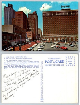 JFK Visit Fort Worth TX Hotel Texas Downtown Street Scene Postcard 1960s