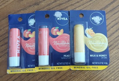 3 Pk-Nivea All Day Moisture Lip Care Lip Balm-2 Peach/ 1 Milk & Honey .17oz Ea