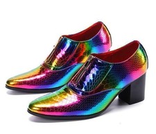 Men's Pointed Toe Zip Faux Leather Block Heels Shoes Nightclub Dress Dance Prom