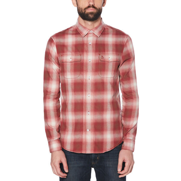 Penguin Mens Slim Fit Retro Plaid Flannel Shirt in Pomegranate Sz Small 7690₽