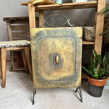 Victorian Hammered Brass Fire Screen Motif & Studded Design With Handle 70cm