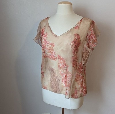 Vintage Y2K Sheer Tan and Pink V-neck Floral Top By Spoiled Girl Size L