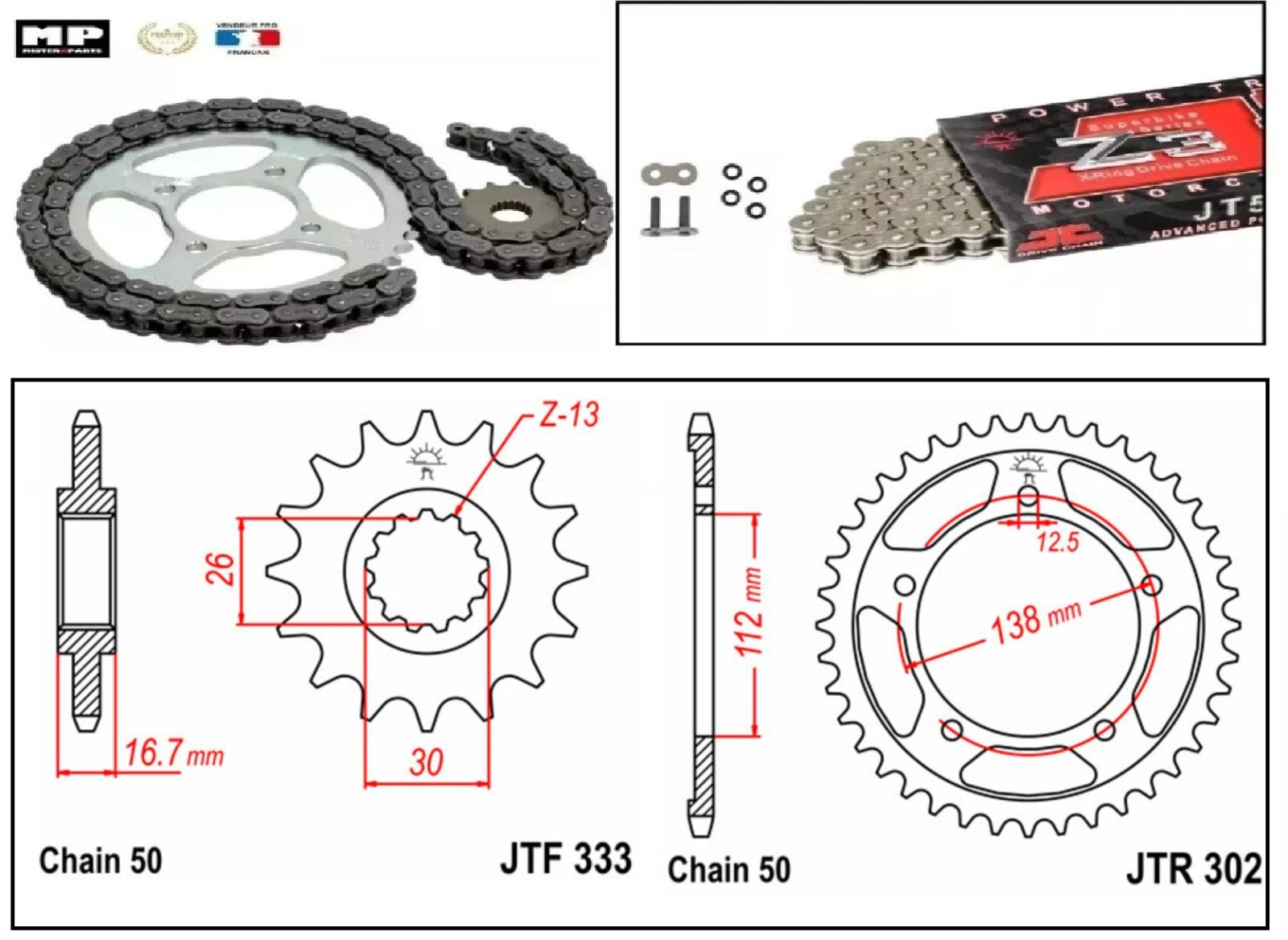 Kit chaîne hyper renforcé haute durabilité pour Honda CB 900 F Hornet SC48 acier