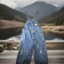 Carhartt Overalls Men s 36x31 Blue Denim Distressed Paint Workwear Carpenter
