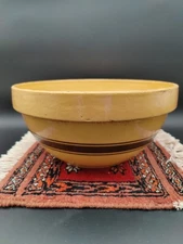 Vtg Yellow Ware Yelloware Mixing Bowl 9.25” Farmhouse Kitchen Brown Stripe EUC