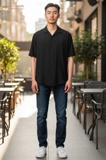 Murano Slim Fit Black Short Sleeve Polyester Button-Up Shirt Size M