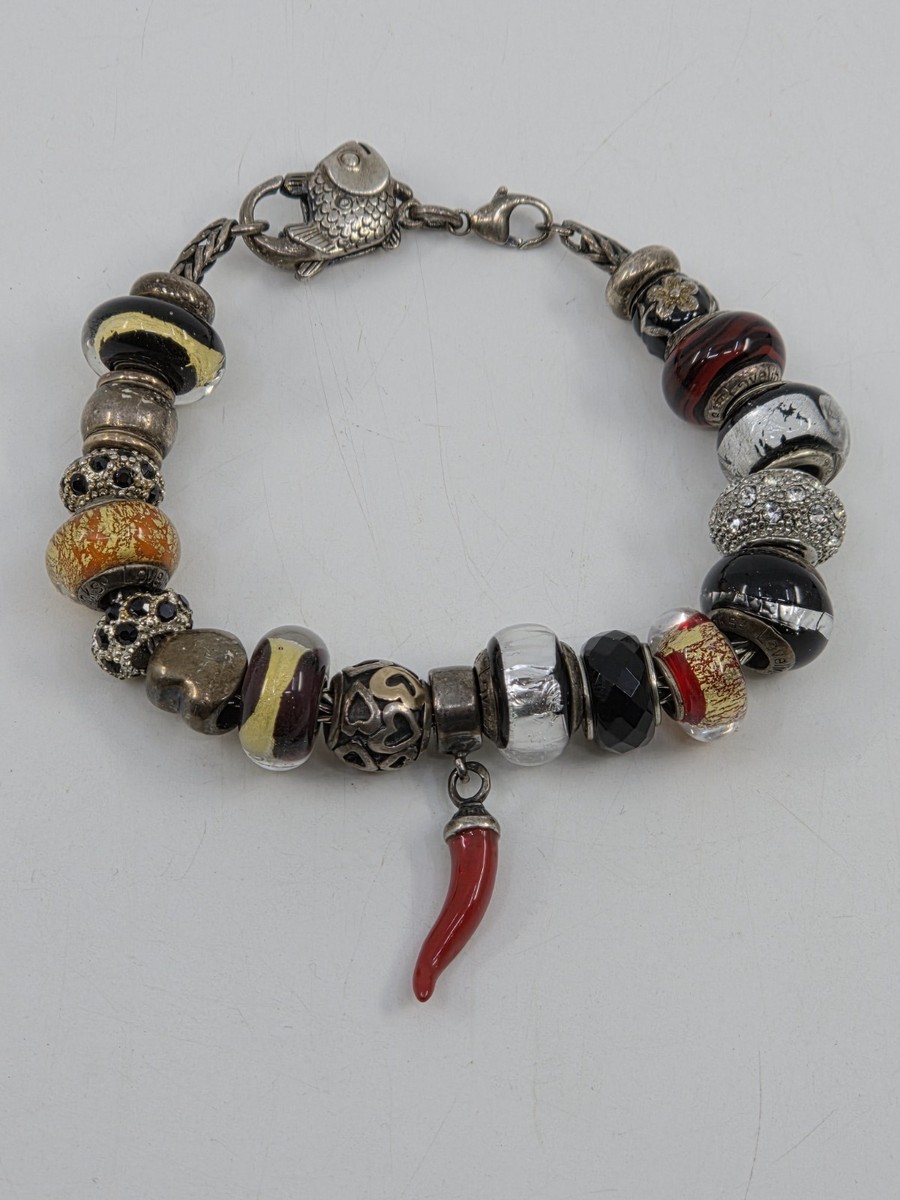 Trollbeads LAA 925 Silver Fish Lock Bracelet Murano Glass Red Cornicello Charm