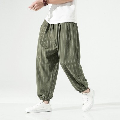 Mens Cotton Linen Striped Lantern Harem Pants Ankle Banded Pants Loose Summer Sz
