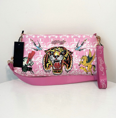 NWT Ed Hardy Pink Shoulder Bag ~ Embellished Tiger Head/Skulls Purse & Wristlet
