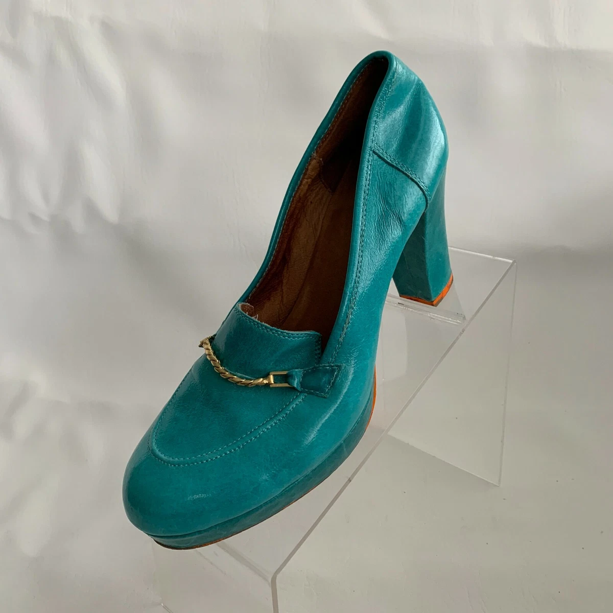 Lucky Penny Loafers Chain Design Blue Turquoise Leather Block Heel Shoes Size 8M