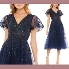 NWT $598 MAC DUGGAL [ 4 ] Embellished Flutter Sleeve Tea Length Dress Blue G1657