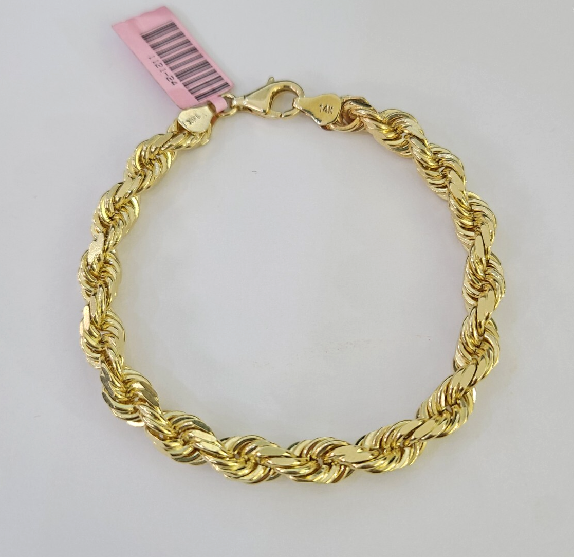 Real 14k Yellow Gold Rope Bracelet 6mm 7'' Inches Lobster Clasp