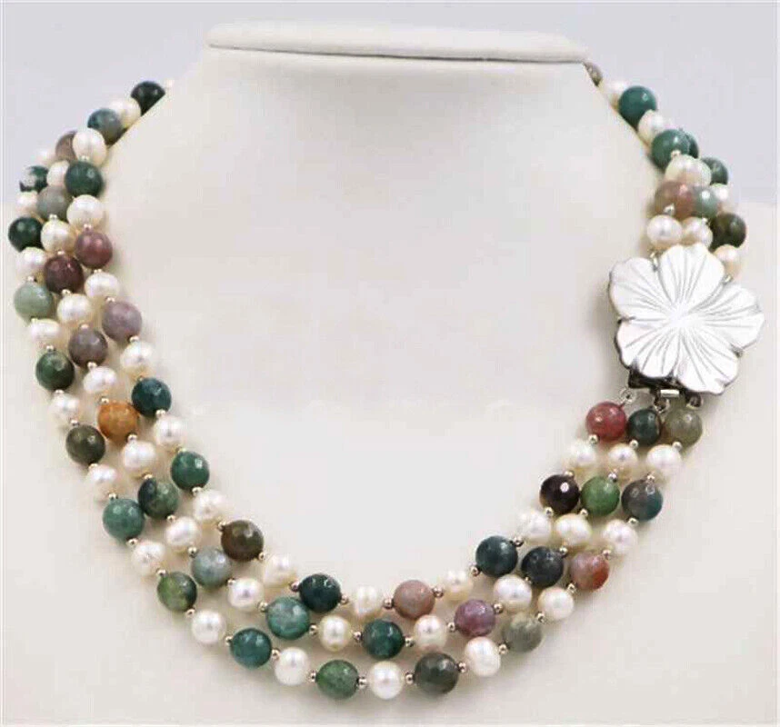 Collar 3 filas 7-8 mm perlas naturales 8 mm ágata/jade gemas cuentas concha flor broche Foto 3 de 4