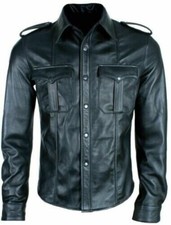 Men's Real Leather Police Gay BLUF Military Style Snap Button Full Sleeves Shirt
