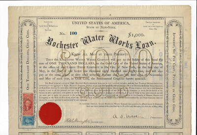 NEW YORK 1864 Rochester Water Works Bond Stock Certificate