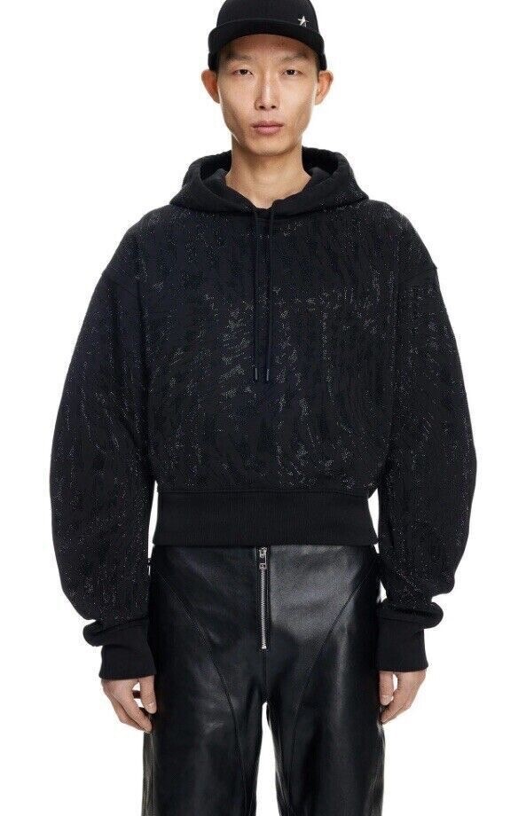 トップス mugler x  rhinestone Hoodie H&M x MUGLER BLACK RHINESTONE-EMBELLISHED MEN BLACK HOODIE Sz
