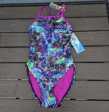 TYR The Finals Youth Girl Laser Beam Swimsuit Wingback Foil Stripes Size 26 New
