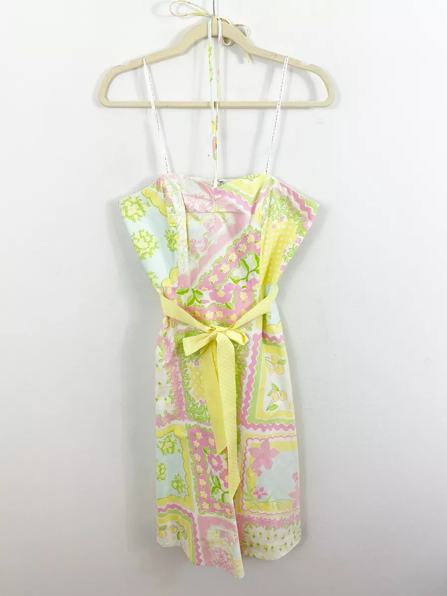 Vtg 90s Lilly Pulitzer Pink Yellow Floral Cherry Patchwork Halter Dress Size 8