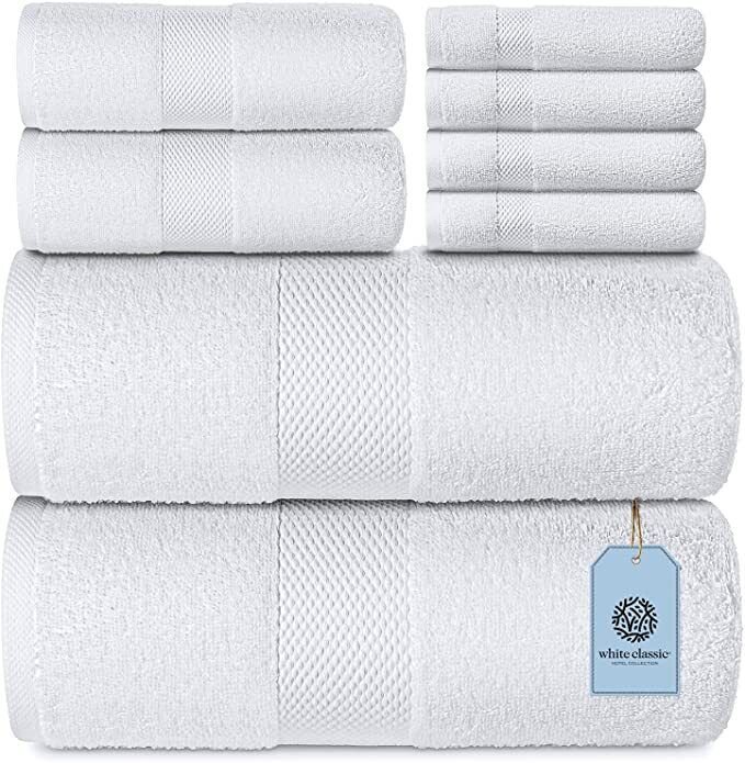 Set - White Soft Cotton 2/bath 2/hand 4/wash - 8 Piece Hotel