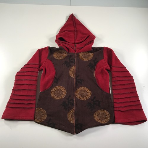 Yaks N Yeti Hoodie Womens Small Red Brown Ribbed Geometric Full Zip Elf