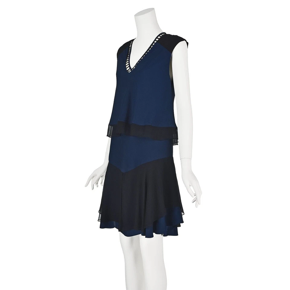 JONATHAN SIMKHAI 午夜蓝色和黑色丝绸连衣裙,落裙,尺寸 M 6-8 — 第 4/4 张图片