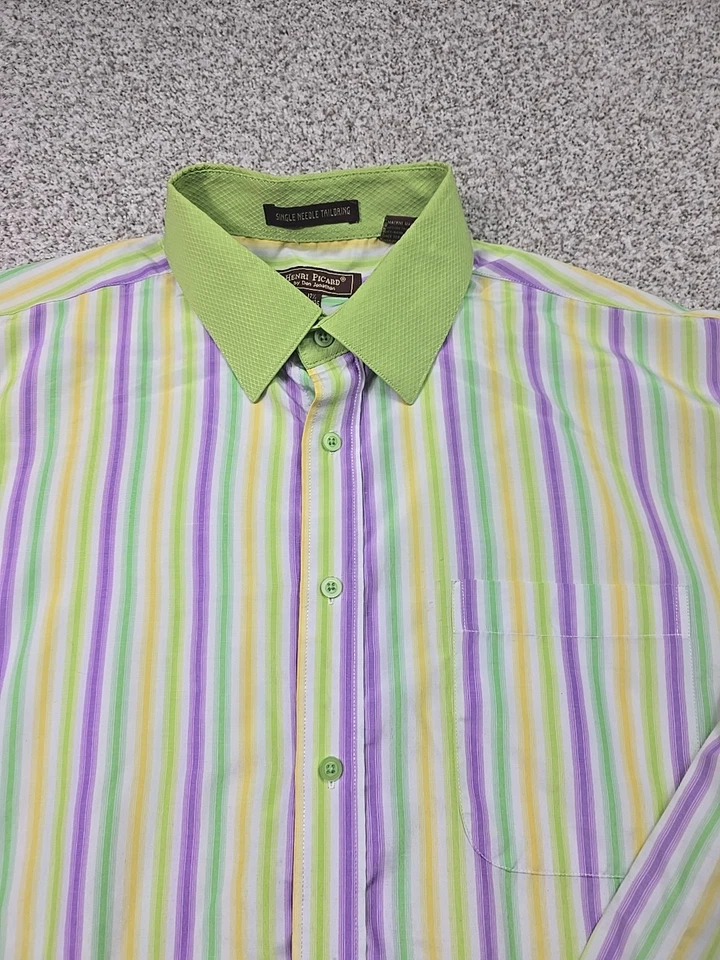 Henri Picard 衬衫男式 17.5 34/35 条纹长袖单针裁缝 — 第 3/4 张图片