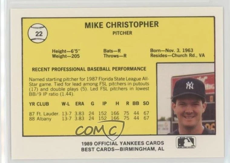 1989 Best Albany-Colonie Yankees Mike Christopher #22 - Image 2 of 2