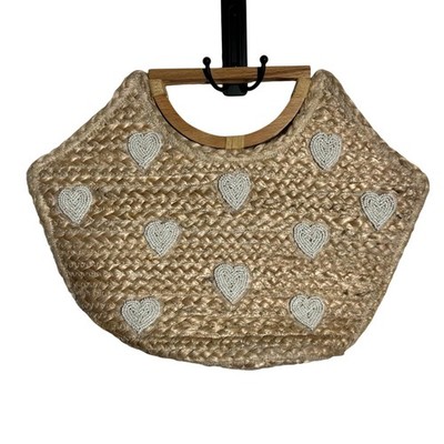 Shiraleah Natural Jute Straw Tote Coastal Vacation Beaded White Heart Details