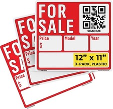 For Sale Sign Car 3-Pack 12 x 11 Inch QR Code Signs Vehicles Trucks RVs Boats