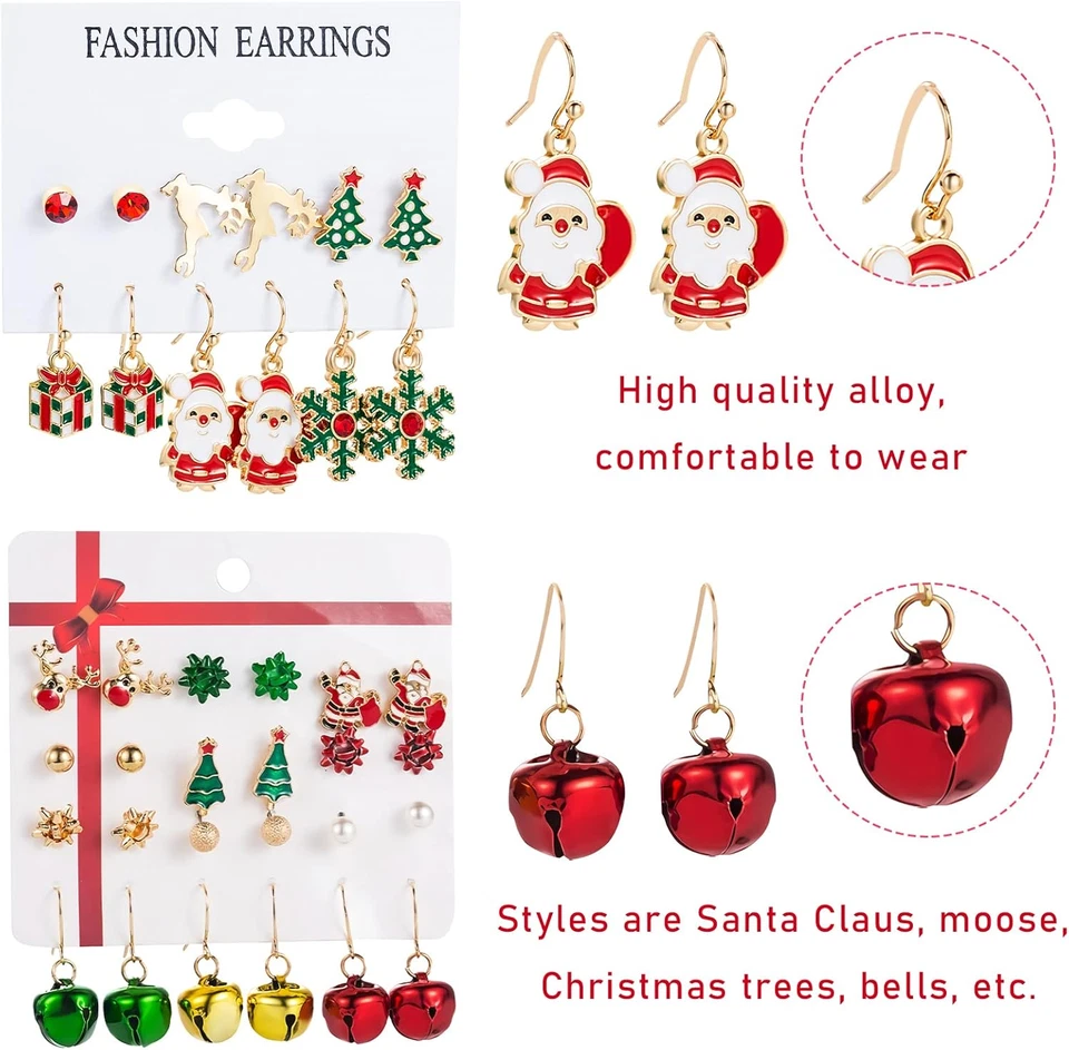 Orecchini Pendenti Natalizi Set, 18 Paia Orecchini Di Natale, Orecchini Natalizi - Immagine 3 di 4