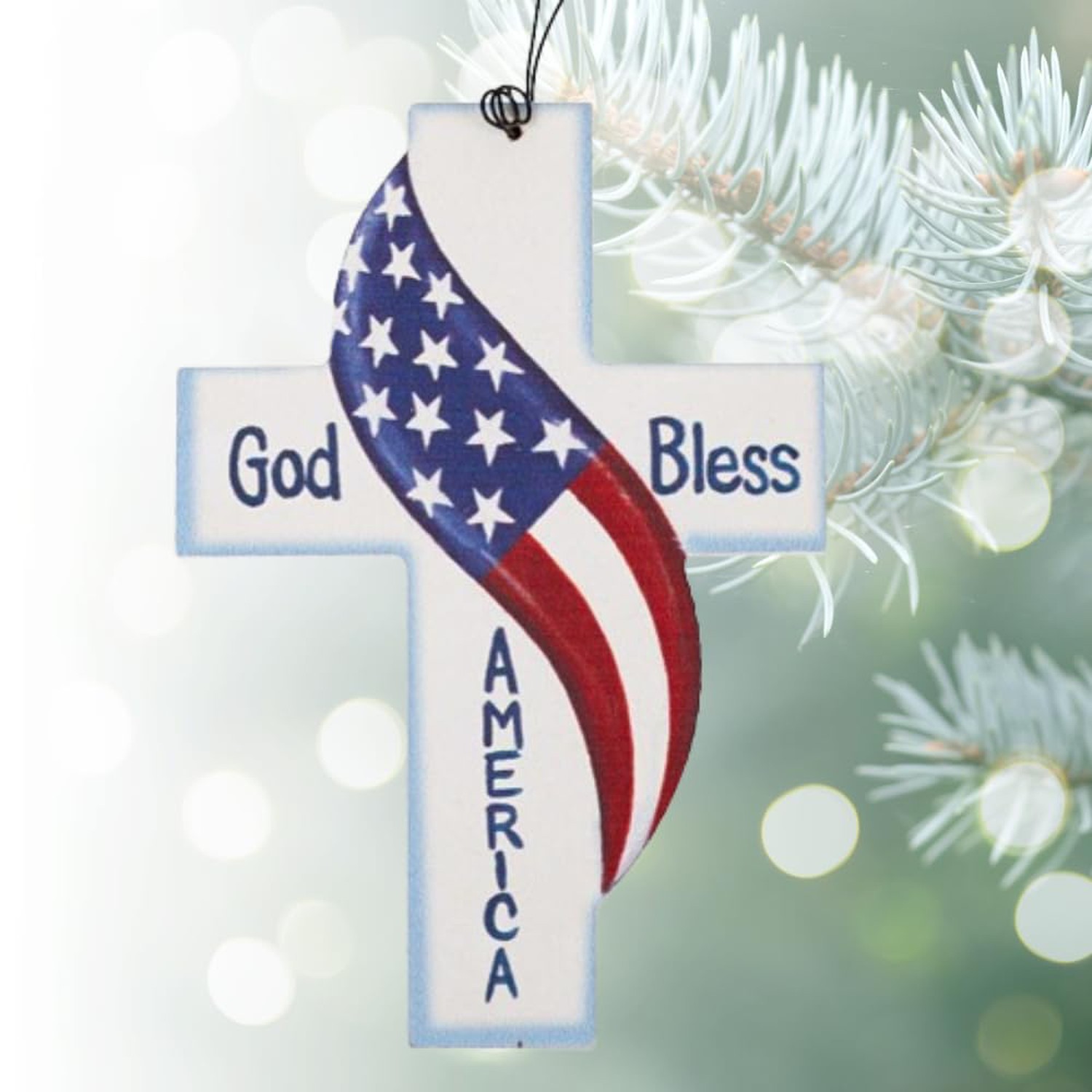 God Bless Cross Christmas Ornament, Patriotic Religious Décor, Hanging Christ...