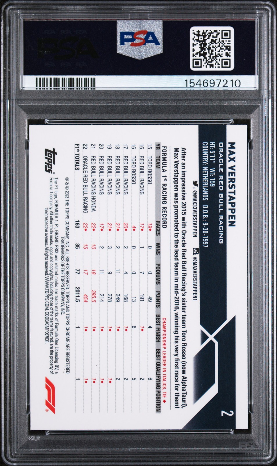 2023 TOPPS CHROME FORMULA 1 PURPLE REFRACTOR #2 MAX VERSTAPPEN 311/399 PSA 8 view 2