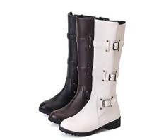 Women's Buckle Faux Leather Zip Knight Knee High Boots Causal Outdoor Shoes Size